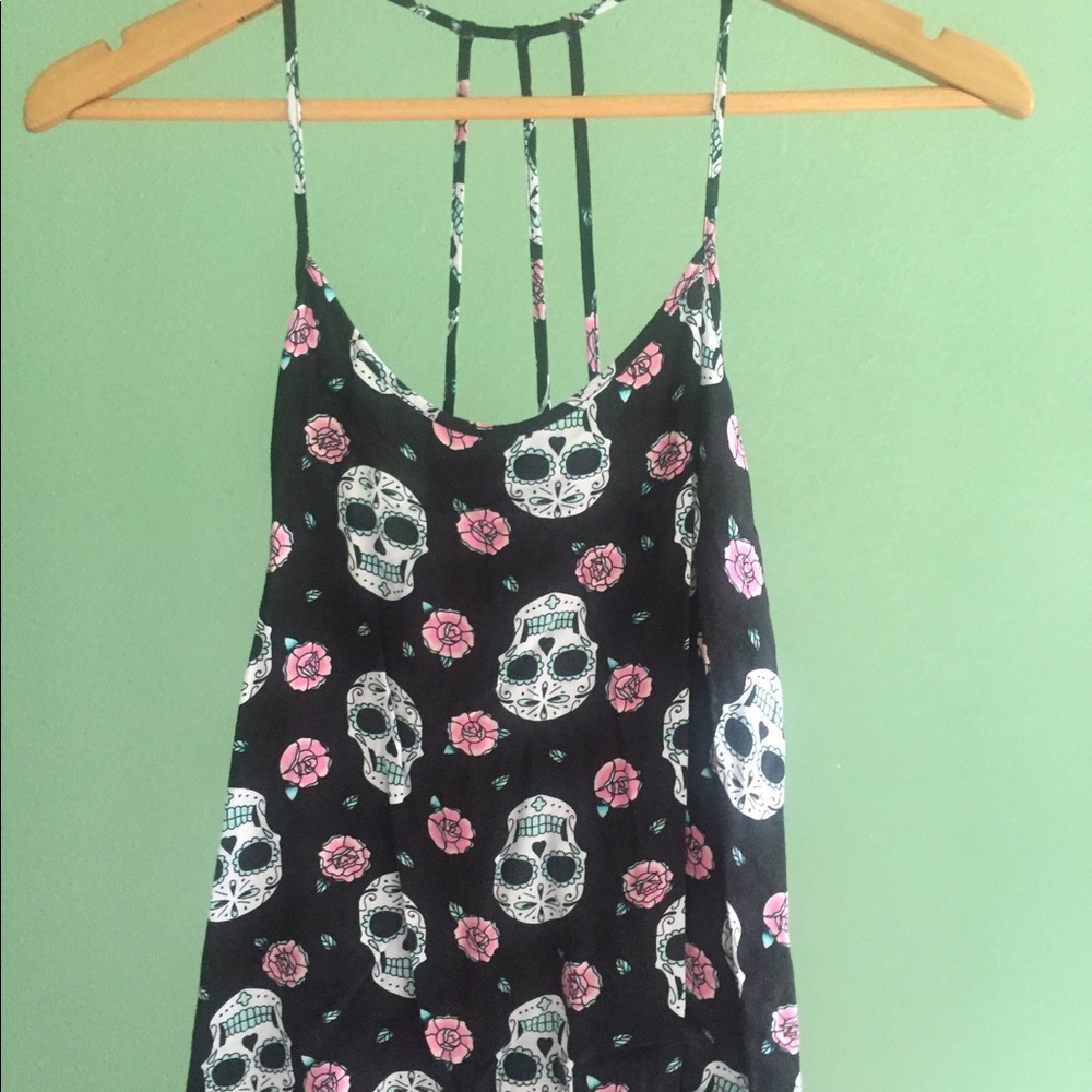 No Boundaries Floral & Sugar Skull Caged Tank top
